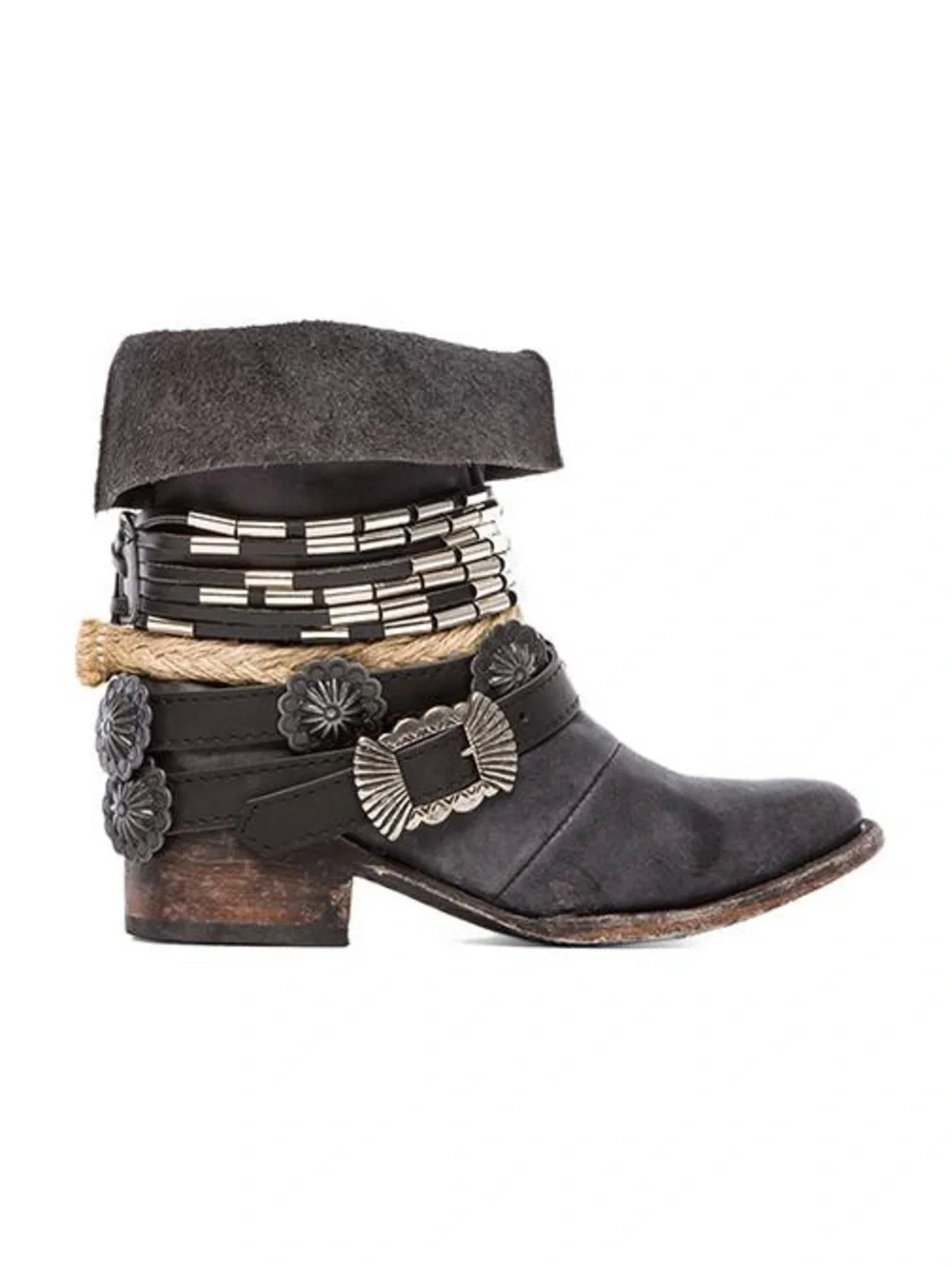 Yerba Embellished Ankle Boot with concho belt & Rope Accents distressed western
